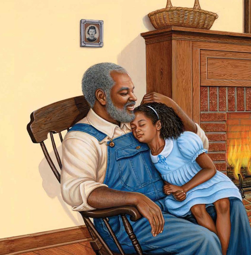 illustration of F/C illustration of little girl with grandfather, oil panting, acrylic painting, mixed media, montage, portrait, people, historical images, editorial, book covers, celebrities, realism, photorealism, magazines, children, children books, afro American historical celebrities, animals.