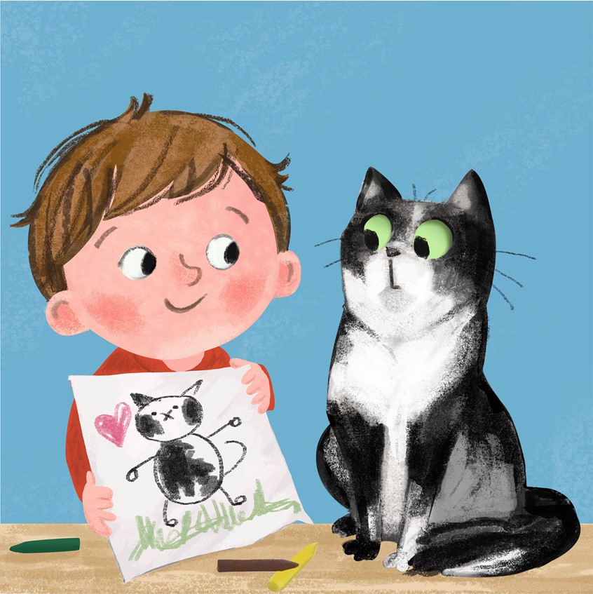 illustration of From a fun series about little kids and their pets, children's books, cute animals, digital, mixed media, children, warm, funny, cat, little boy, children's drawings,