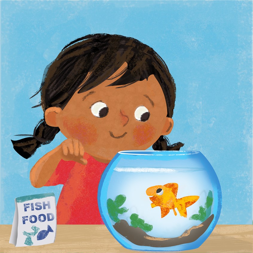 illustration of A humorous look at children and their pets, fish, goldfish, fish bowl, kids, cute pets, mixed media, collage, digital, whimsical, funny, cat, little girl, child, toddler,
