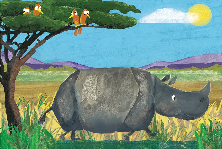 illustration of From a fun series on African Animals, rhino, wild animals, safari, savannah, Africa, children's books, cute animals, digital. mixed media, warm, funny, birds, collage, gouache, water colour, landscape, sky, sunshine, sun, sunny, cloud, tree, trees