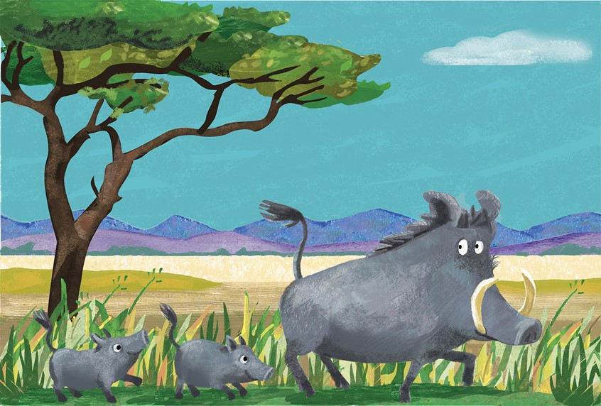 illustration of Warthog family out having fun, humorous, young animals, baby animals, gouache, digital, mixed media, Mum, Dad, family, savannah, Africa, tree, trees, sunny, sunshine, sky, mountains, grass, wildlife,