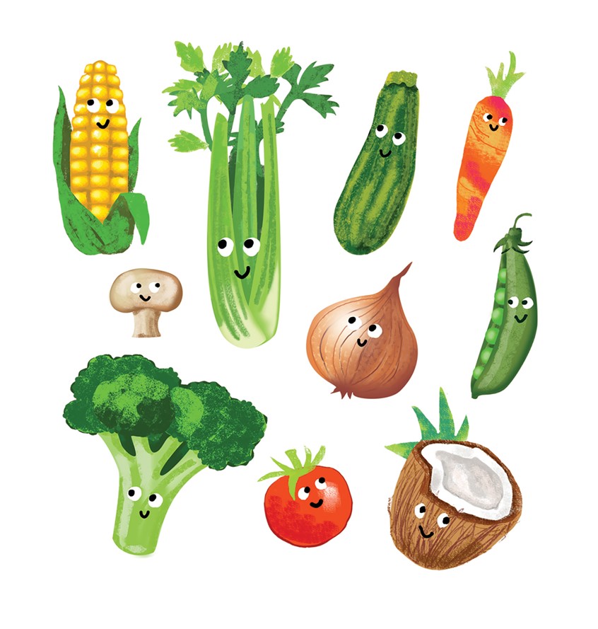 illustration of Happy Vegetables, recent packaging commission for Annabel Karmel, digital, mixed media, kids, food packaging, tomato, broccoli, coconut, onion, peas, celery, sweetcorn, mushroom, courgette, carrot, zucchini, funny, fun, happy, warm whimsical,
