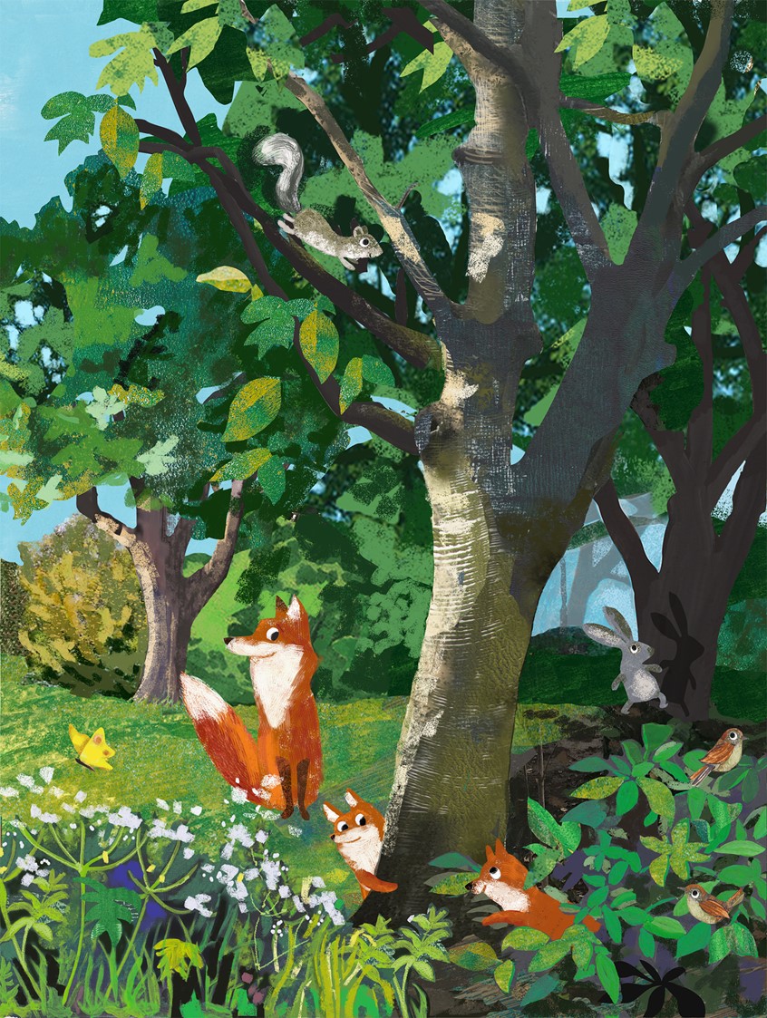 illustration of Playing hide and seek, fox, foxes, baby animals, cubs, children's books, cute animals, collage, digital. mixed media, children, warm, funny, rabbit, bunny, squirrel, bird, birds, butterfly, sunshine, sunny, flowers, countryside, woods, woodland, blue sky, summer, sunshine, sunny