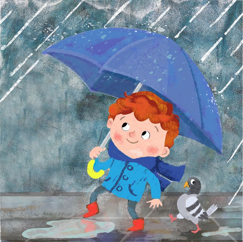 illustration of Rainy day, little boy, child, playing, rain, rainy, pigeon, mixed media, digital, gouache, children's books, toddler, umbrella, rain, splashes, puddle, puddles, weather, pavement, bird, wellies, wellington boots, scarf