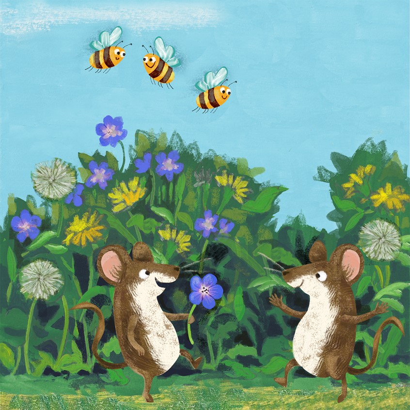 illustration of Field mice in a summer meadow, sun, sunshine, mouse, mice, flower, flowers, bee, bees, meadow, sunshine, happy, gouache, digital, children's books, summer, play, playful, dandelion