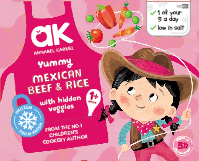illustration of adventure, play, cowgirl, diversity, dressingup, food, heathy, education, ambition, aspiration, aspirations, cowboy, cowgirl, girlpower, fancydress, cowboyhat, hat, belt, lasso, vegetable, vegetables, healthy, eating, pepper, carrot, pea, peas, pink, Mexican, Mexico, happyu, childhood,