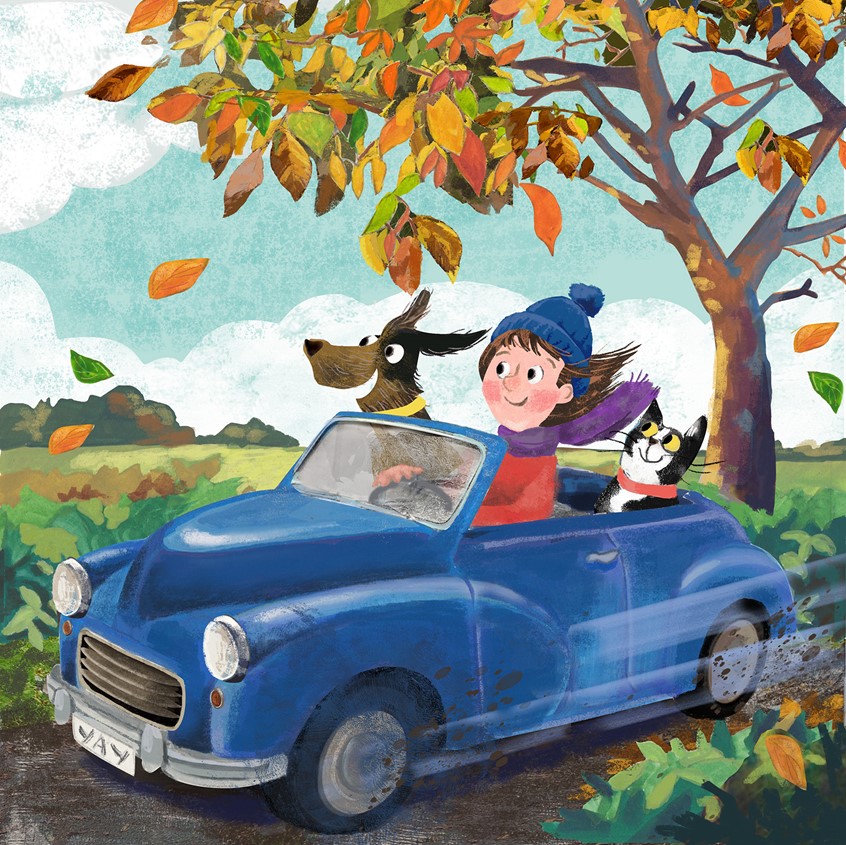 illustration of seasons, adventure, car, cat, dog, roadtrip, friendship, road trip, fast, autumn, field, fields, landscape, fun, hat, whimsy, gouache, coallge, digital, mixed media, clouds, clid, sky, blue sky, tre, trees, leaves, freedom, free, country, countryside, morris minor, vehicle, vehicles, childrens books, kidslit, funnyanimals, livrejeunesse,funny animals, livre jeunesse,