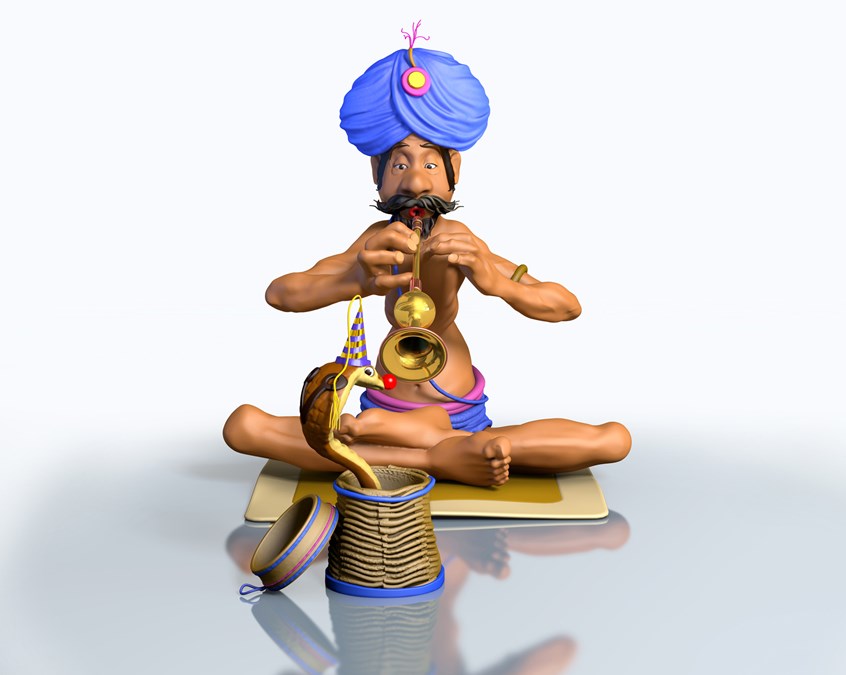 illustration of 3D F/C illustration of Snake Charmer, cgi image, adobe photoshop image, adobe vector image, digital image, people, teens, photo illustration, realistic images, animation, portraits, children books, book covers, medical illustrations, magazine illustrations, products, animals, landscapes, science fiction illustrations, sci-fi, fantasy, social studies, architecture, illustrations of kids, science, montages.