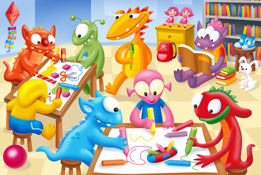 illustration of F/C illustration of young monsters at school class, anime character, social studies, cgi image, adobe photoshop image, adobe vector image, digital image, people, teens, children, photo illustration, realistic images, animation, portraits, children books, book covers, magazine illustrations, products, animals, editorial, landscapes, fantasy, architecture, illustrations of kids, science, montages, maps.