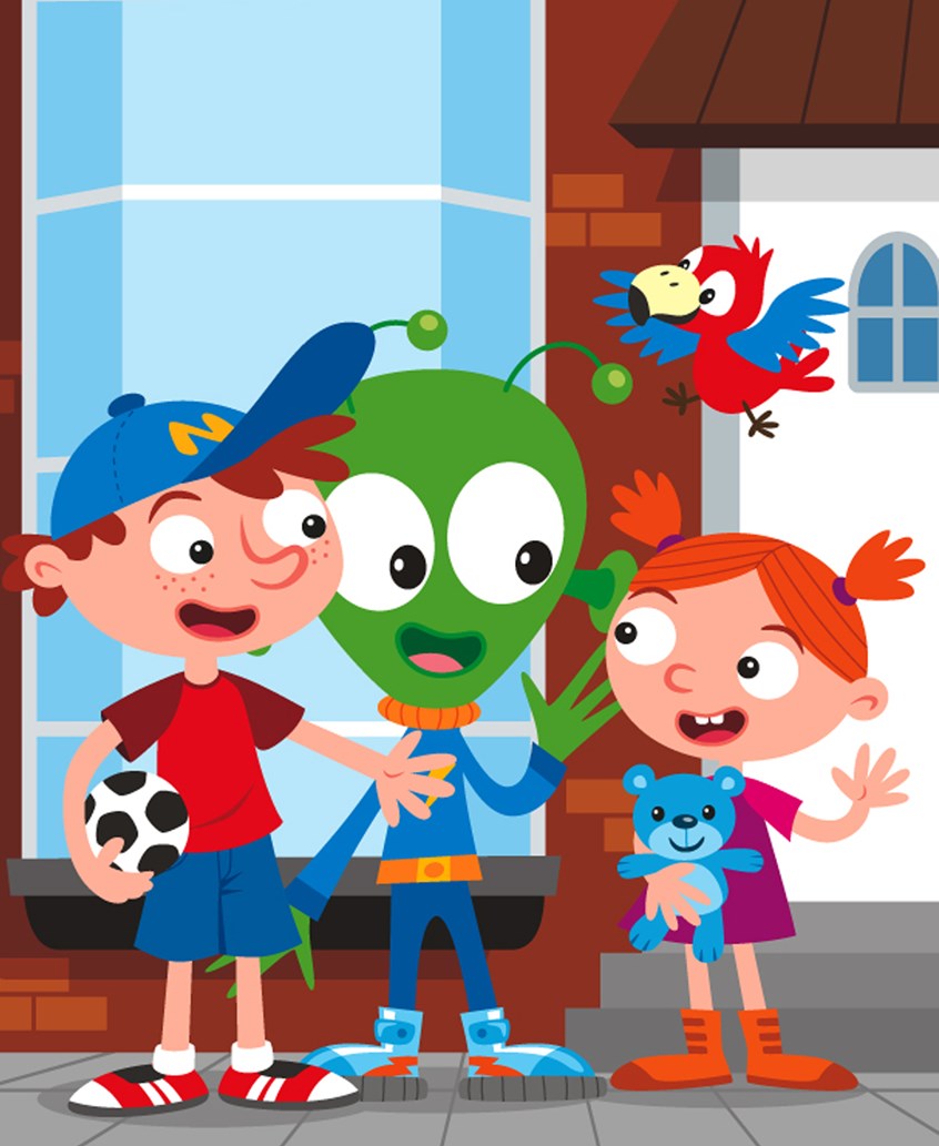 illustration of F/C illustration of two children with alien, anime character, social studies, cgi image, adobe photoshop image, adobe vector image, digital image, people, teens, children, photo illustration, realistic images, animation, portraits, children books, book covers, magazine illustrations, products, animals, editorial, landscapes, fantasy, architecture, illustrations of kids, science, montages, maps.