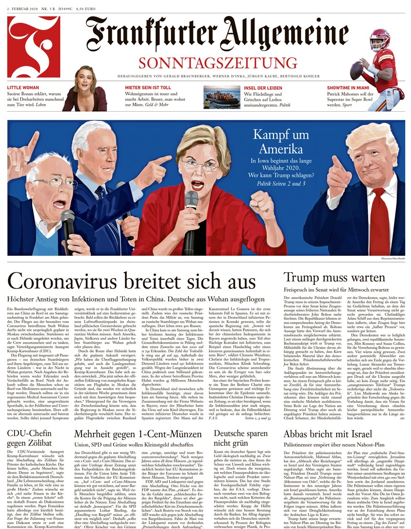 illustration of Cover illustration for Sunday edition of Frankfurter Allgemeine newspaper. Article is depicting the start of the US election primaries. Politics, Bernie Sanders, Elizabeth Warren, Joe Biden, Donald Trump, American politics