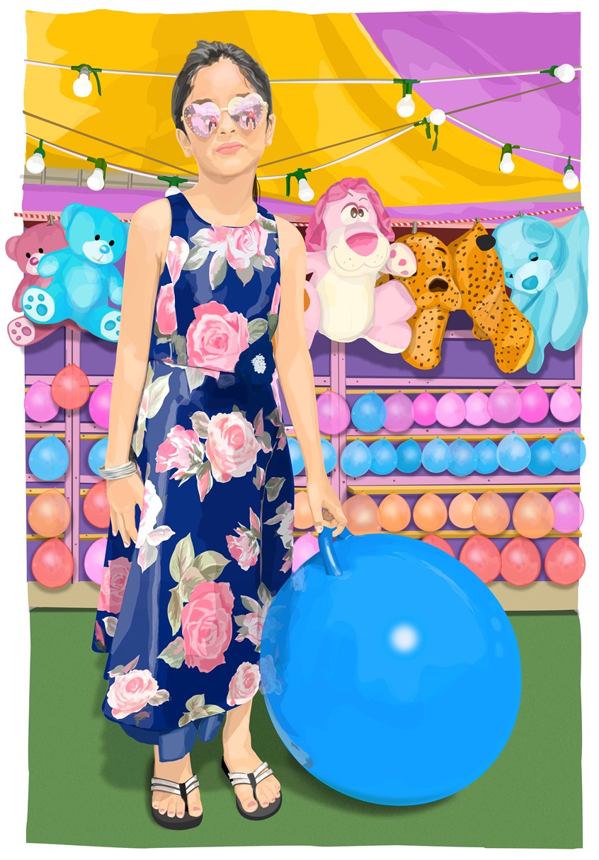 illustration of At an arcade at Coney Island in New York City, a young teenage girl wears a flowered dress with sandals and heart-shaped sunglasses as she stands with her bouncy ball balloon that she won