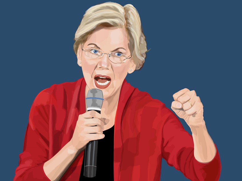 illustration of Cover illustration for Frankfurter Allgemeine Sonntagszeitung's Sunday newspaper on the United States primary elections and fight for the presidency. Elizabeth Warren, politics, United States,