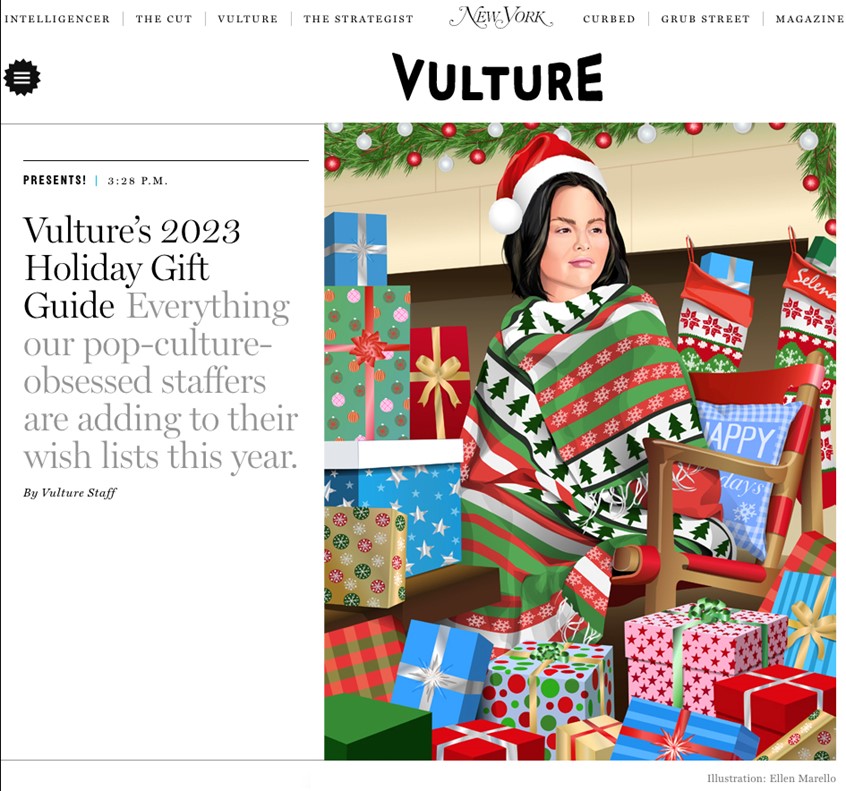 illustration of Holiday gift guide for Vulture magazine. Concept was to take a popular summer meme of Selena Gomez and incorporate it into their winter holiday gift guide.