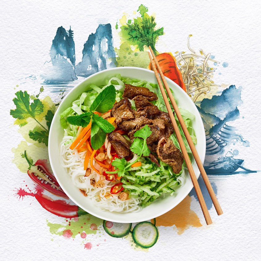illustration of Ink and watercolour illustrations used for Roll'd Vietnamese street food restaurants in Australia. These illustrations worked across social, print, online as well as the app.
