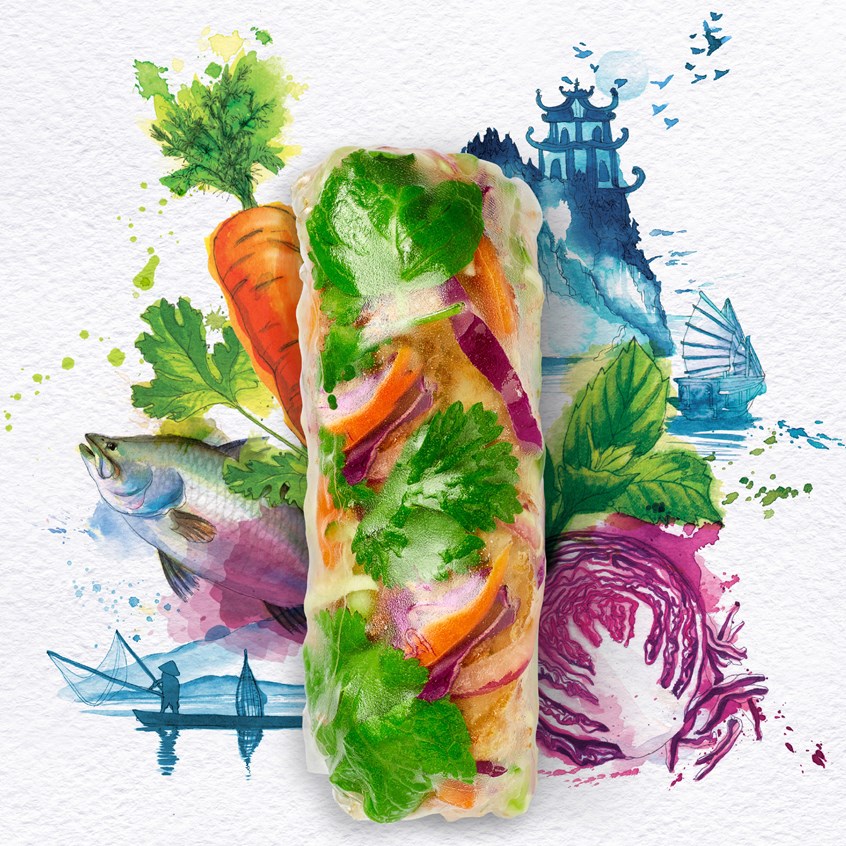 illustration of Ink and watercolour illustrations used for Roll'd Vietnamese street food restaurants in Australia. These illustrations worked across social, print, online as well as the app.