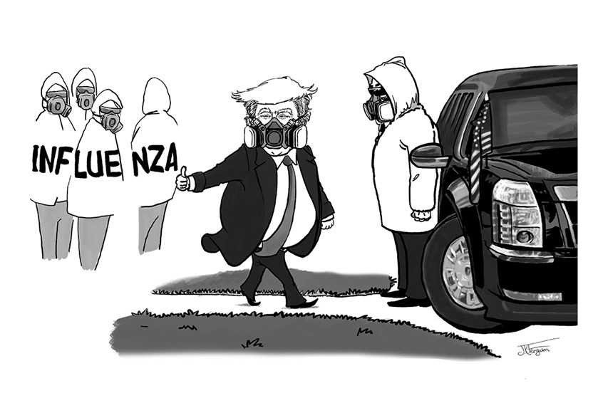 illustration of President Donald Trump.
Caricature, politics, America, people, influenza, cartoon, editorial, political, magazines, corona, virus, pandemic, mask, social media,
Adobe Photoshop, digital painting.