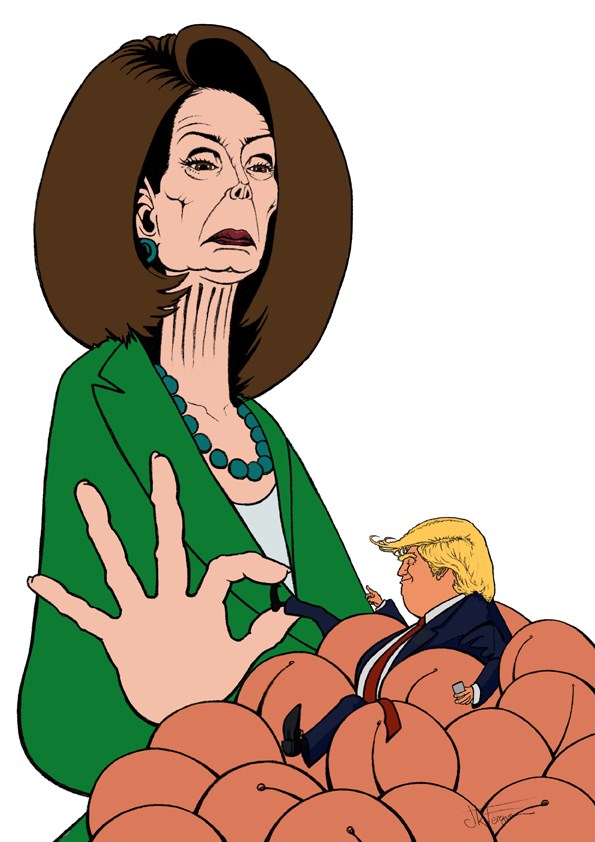 illustration of President Donald Trump and Nancy Pelosi.
Trump on a mountain of peaches. King of his own mountain.
Politicians, Trump, President, elections, impeachment, Pelosi, scandals, voting, magazines, posters, social media, editorial, caricature, portrait, trial, print,
