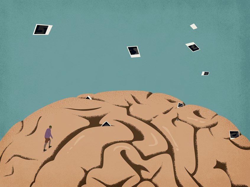 illustration of This image forgetfulness. It can also represent illnesses with forgetfulness as a symptom. A man climbing brains with crevasses. Polaroids are 'raining' and disappearing in the cracks. Keywords: memory forgetting forgetfulness memories recollection storage mind brain amnesia ignorance oblivion