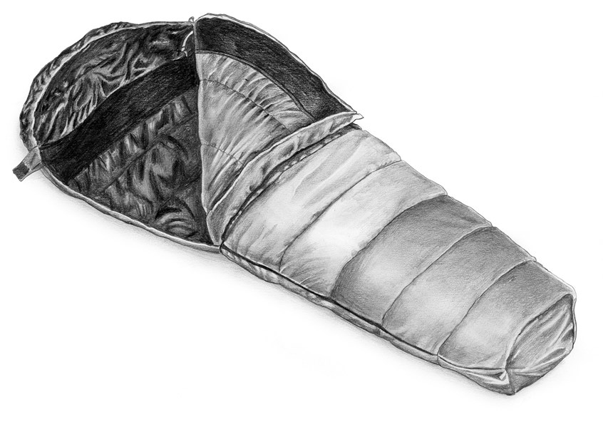 illustration of Product, creative, realistic illustrations, mother & daughter, father & son, family, family time, black and white illustration, pencil, graphite, nature, hiking, sleeping bag, product