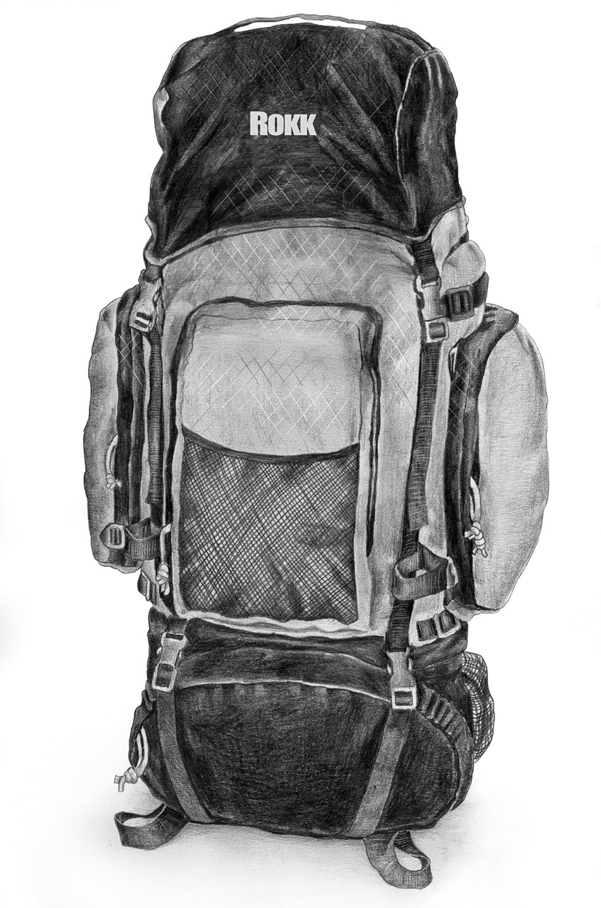 illustration of Product, creative, realistic illustrations, mother & daughter, father & son, family, family time, black and white illustration, pencil, graphite, nature, hiking, backpack, product