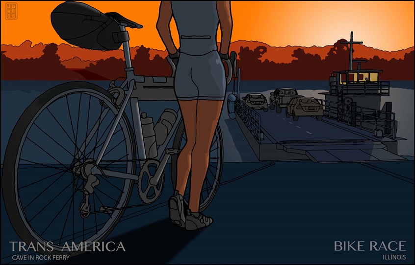 illustration of One print from the series of illustrations to commemorate the Transamerica bicycle race. This is America’s premier self supported bicycle road race across the USA. The ferry crossing is a key tactical point in the race.