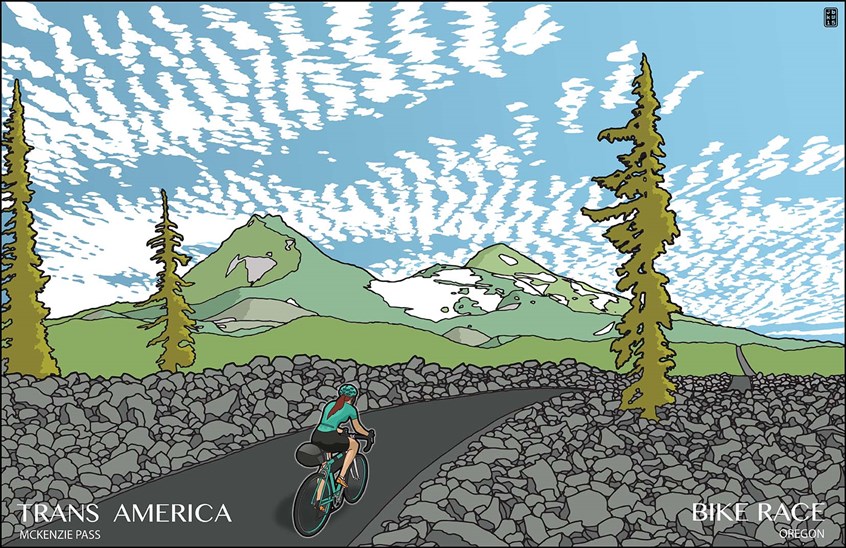 illustration of One print from the series of illustrations to commemorate the Transamerica bicycle race. This is America’s premier self supported bicycle road race across the USA.