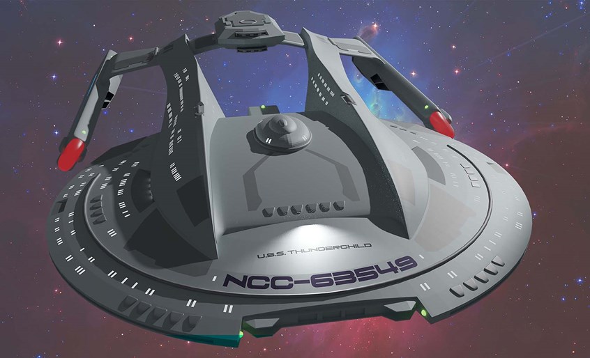 illustration of This is the Federation starship U.S.S. Thunderchild patrolling near the Neutral Zone. 3D model created in Blender. #Fanart #starship #vehicle