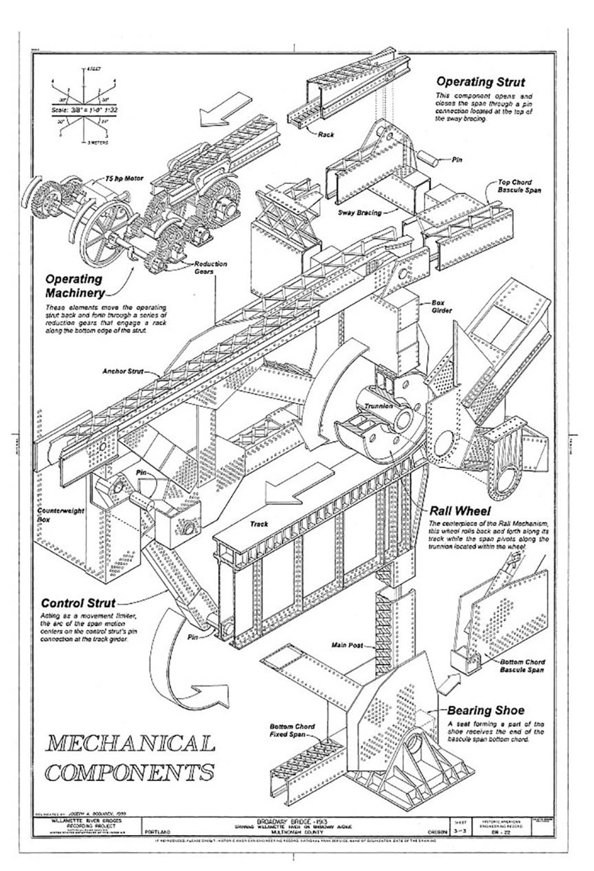 illustration of Broadway bridge, Portland OregonHistoric American Engineering Record drawings on file with the Library of Congress. Drawings are pen and ink, lettered with a Leroy lettering set.