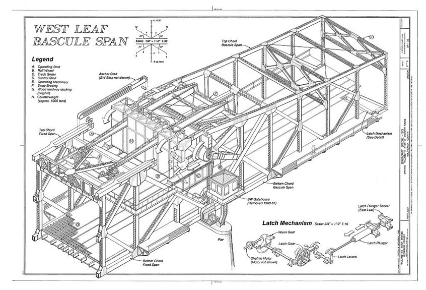 illustration of Broadway bridge, Portland OregonHistoric American Engineering Record drawings on file with the Library of Congress. Drawings are pen and ink, lettered with a Leroy lettering set.
