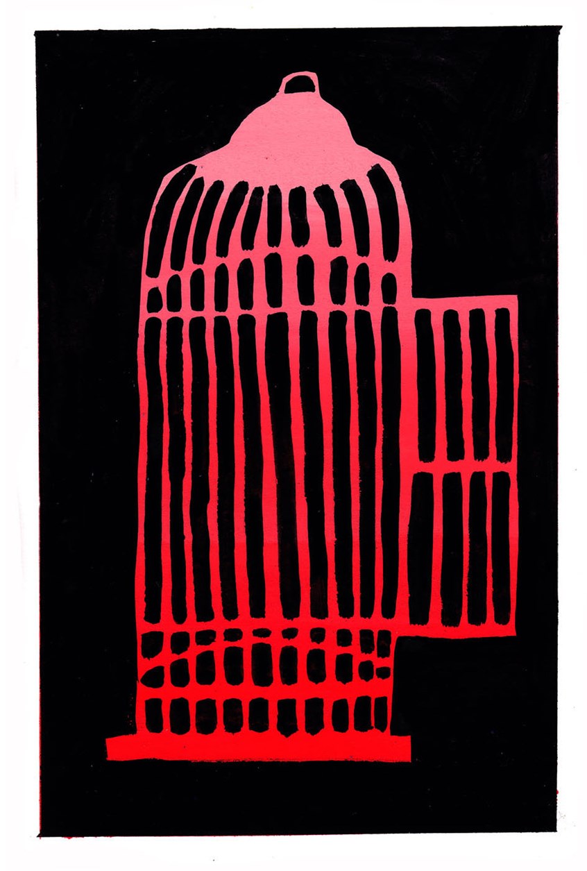 illustration of Illustration, backdrop, poster, advertising, design, concert, music, musician, stage art, backdrop art, cage, caged, open cage, bird cage, birds, red, pink, black, gouache, painted, hand painted, digital, red bull, red bull sound select, show, shows, live, performance, performer, stage prop, stage design, mood, dark, pink, red