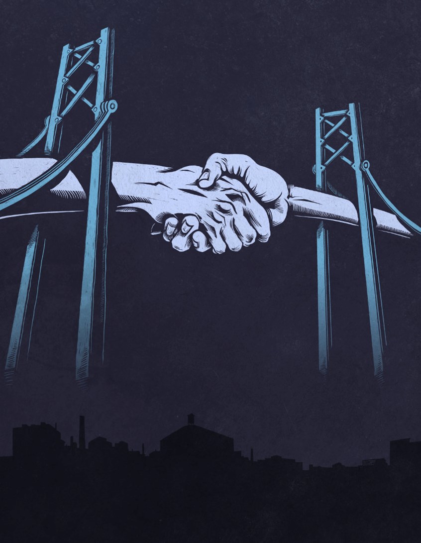 illustration of Editorial illustration for the Dec 2019 issue of the Progressive. The story details how a Detroit neighborhood campaigned to gain greater benefits from a major tax-funded construction project.