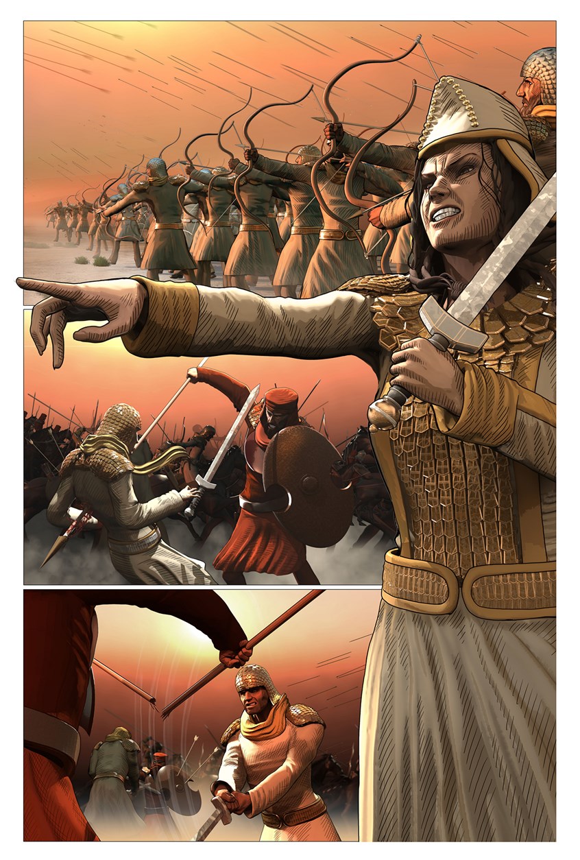 illustration of Page from Graphic Novel telling the story of Queen Tomyris' battle against Persian King Cyrus.
Designed in a blend of 2D and 3D using Zbrush, Keyshot and Photoshop.
Xerxes, Comics, Covers, Heroes, Villains, Photoshop, Keyshot, Rendering, Publishing, books, Zbrush, Sculpture, Characterdesign, Art, CGI, Comics, concept art, artstation, pixologic, character, photoshop, clipstudio, 3dart, Keyshot, Drawing, Artist, Creative, Illustration,