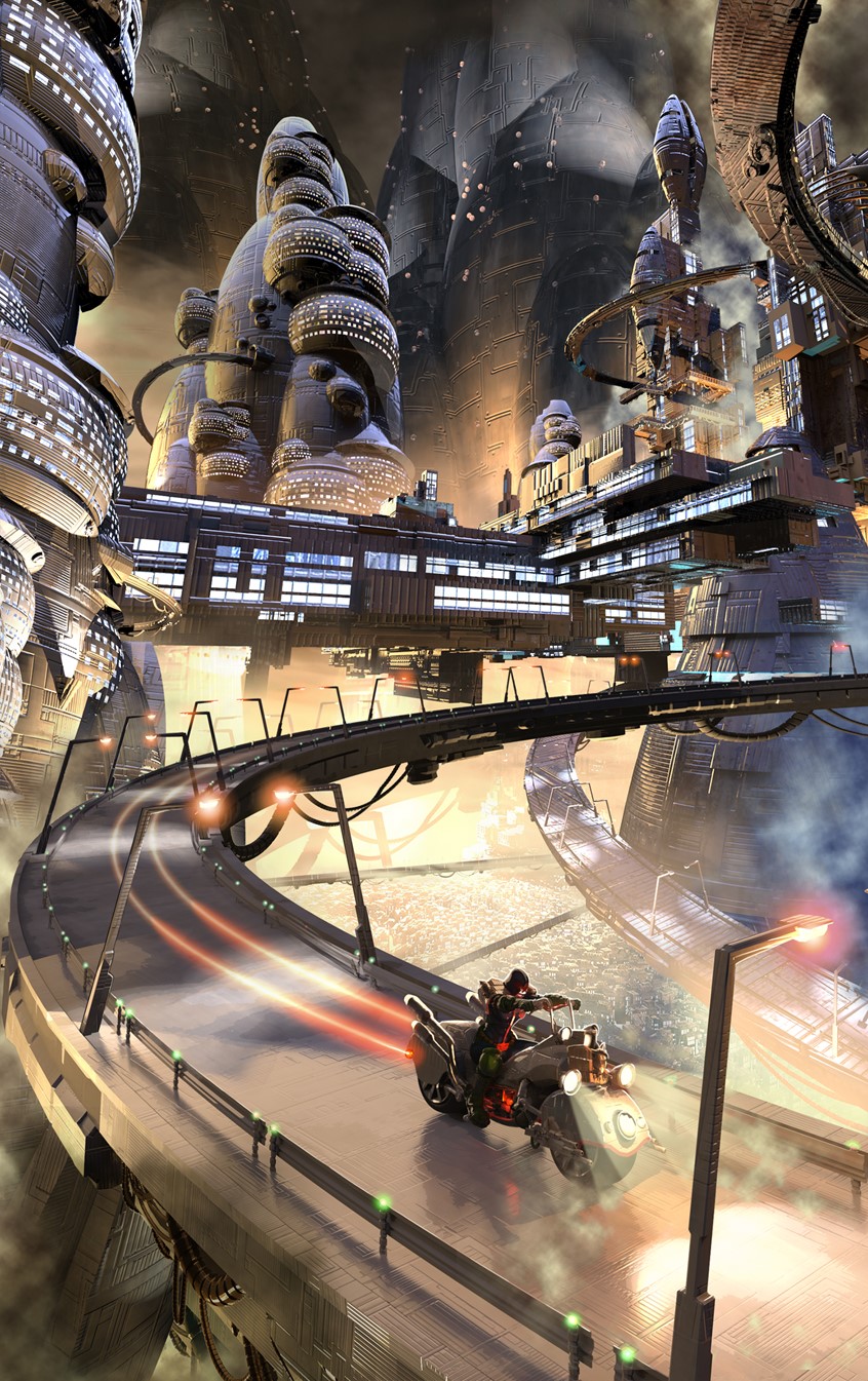 illustration of Mega City one from the world of Judge Dredd and the 2000AD comic. This image was intended to show the vastness of the future city and utilises a great depth of field.
This piece, utilising many interesting lighting and shadow effects, was created in a blend of 3D and 2D software. Zbrush, Keyshot and Photoshop.
