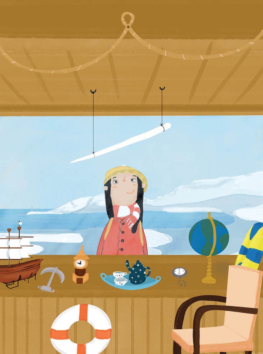 illustration of child looking at object of desire from outside a shop window. She has saved money to buy a narwhal's tusk. kid, shop, children, winter, snow, school, antiques, wish, longing, winter, sea, cold.
desire, request, want, craving