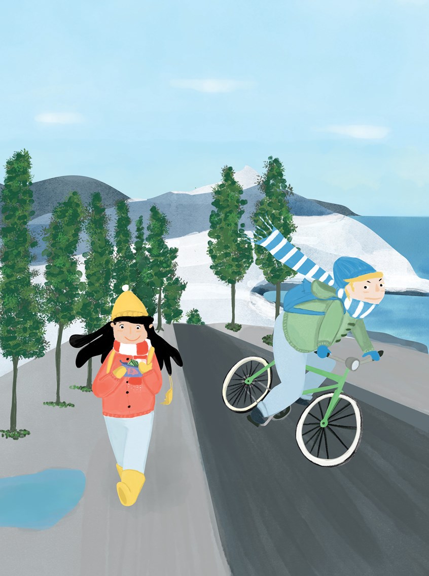 illustration of Jess, a young kid is excited because she has saved enough to buy a narwhal tusk from the antique shop in town. Sam has other plans.
kids, bicycle, landscape, snow, winter, racing, walking, race, chase, bike, street, road, school, cattiness, despite, hatefulness, malevolence, malice, maliciousness, malignance, malignancy, malignity, meanness, nastiness, spitefulness, spleen, venom, viciousness, spite