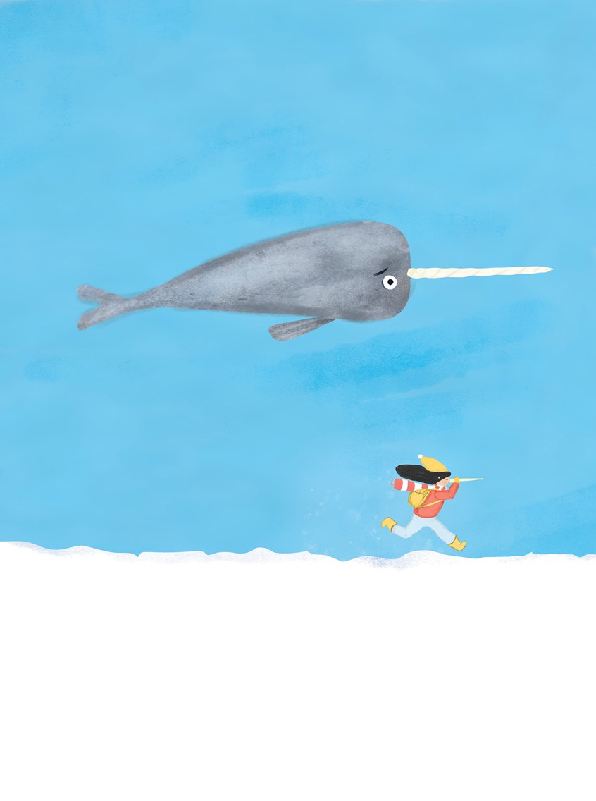 illustration of Jess runs away with the tusk taken from Max. with and blue sky she imagines to be a narwhal escaping from hunters. landscape, snow, kid, running, sea creatures, whales, kids, race, racing, hunt, hunting, escape, avoid, elude, evade, lose, shun, decamp, depart, elope, exit, go, leave, move, pull out, quit, sally (forth), shove (off), take off, walk out, disentangle, extricate
