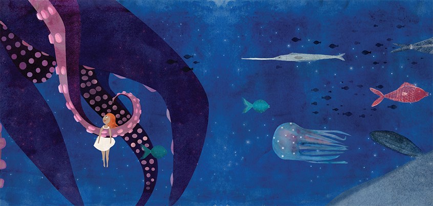 illustration of the sea is full of mysterious creatures, big and small. Little Bianca is befriending them in a dreamy night. dream, fishes, sea creatures, octopus, jellyfish, ocean, seascape, adventures, explore, exploration, dreaming, strange friends, odd, magical, magic, adventure, oceanic, undersea, abysmal, abyssal, deep, deep-sea, deepwater