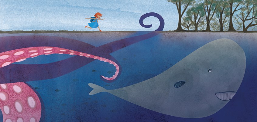 illustration of Bianca goes to school the morning after and brings with her the dream she had during the night. sea creatures, kid, school , redhead, trees, fun, happy, tentacles, octopus, fishes, kid running, blue, magic, magical, beaming, blithe, blithesome, buoyant, cheerful, cheery, gay, gladsome, lighthearted, sunny, upbeat, gleeful, jocund, jolly, jovial, merry, ecstatic, elated, enraptured, euphoric, exhilarated, intoxicated, rapturous, rhapsodic, exuberant, exultant, jubilant, rapt, optimistic, rosy.