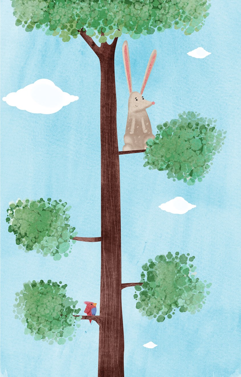 illustration of Bunny Spots is high up on a tree. white bunny, rabbit, tree, blue sky, bird, rabbit, rabbits, bunnies, adventure, hunt, escape, chase, avoid, elude, evade, lose, shun, decamp, depart, elope, exit, go, leave, move, pull out, quit, sally (forth), shove (off), take off, walk out, disentangle, extricate, dapper, natty, sharp, snappy, spruce, clamber, scrabble, scramble, swarm, climb