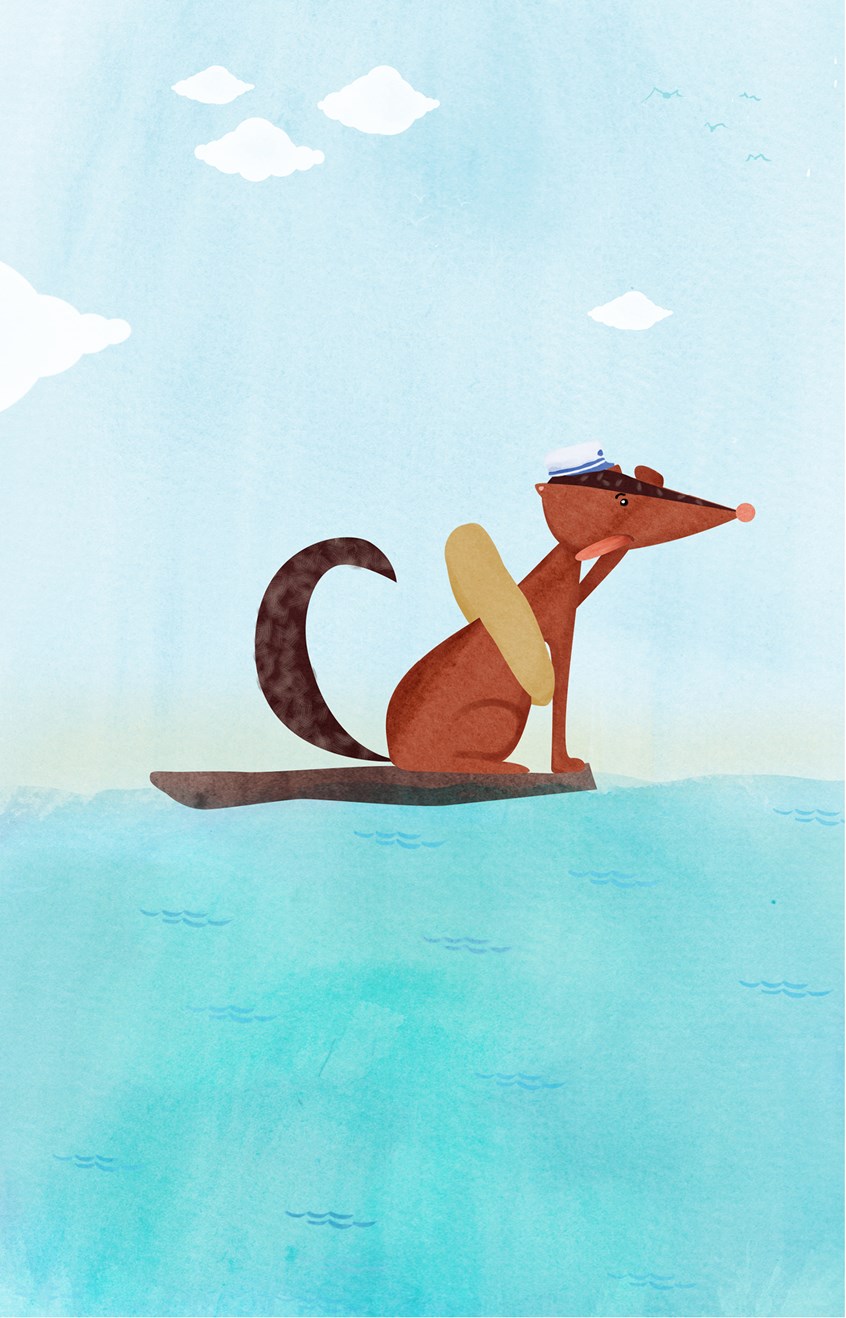 illustration of Fox on a raft with sailor's hat and lifebelt. sea, ocean, water, sailing, adventure, escape, chase, hunt, bunnies, foxes, safety kit, lifeboat, horizon, canoe, sailor, break, burn out, bust, do in, do up, drain, exhaust, fag, frazzle, harass, kill, knock out, outwear, tire, tucker (out), wash out, wear, wear out, weary, fatigue