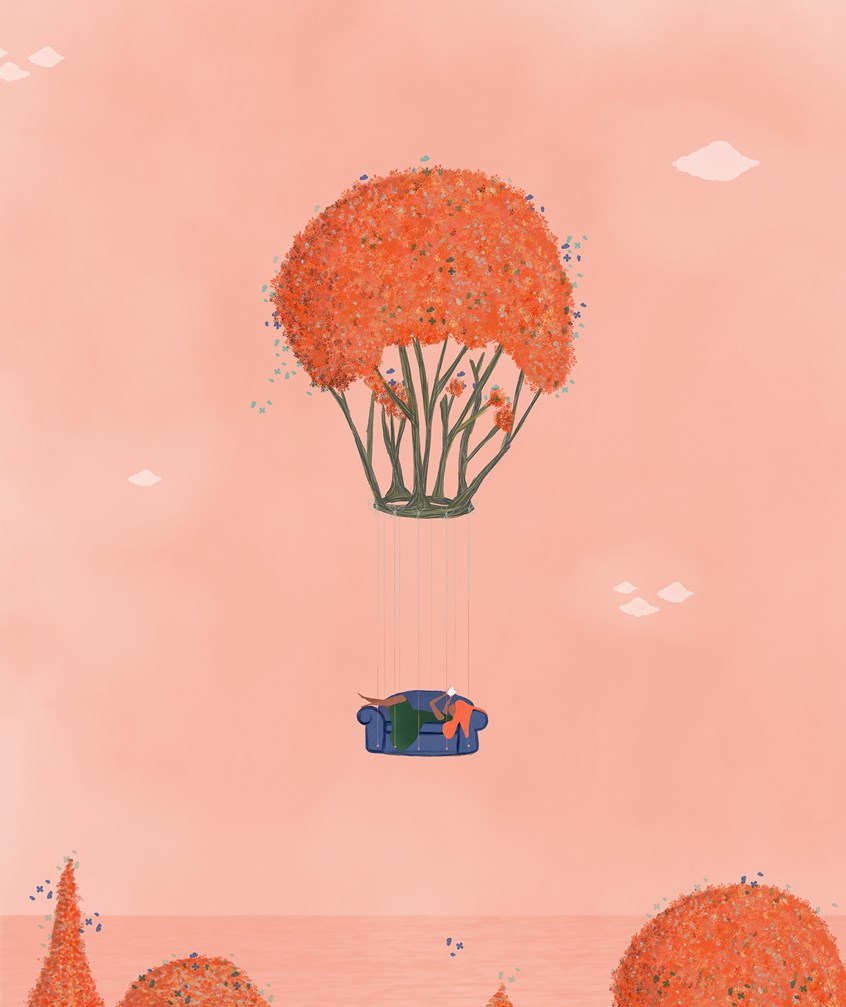 illustration of a floating hot balloon made of bushes of red leaves and butterflies floats in a pink sky pulling up a lady comfortably seated on a blue sofa. tiptop of trees. surreal, leisure, relax, voyage, flying, hot-air balloon, zeppelin, Weather ballon, fire ballon, trip, travel, transport, transportation, trippy, gasbag, blimp, couch, couch-surfing, journey, peregrinate, pilgrimage, tour, trek, gallivant, hop, jaunt, perambulate, ramble, roam, rove, traipse, wander, migrate, fly, gig, ride, roll, sail