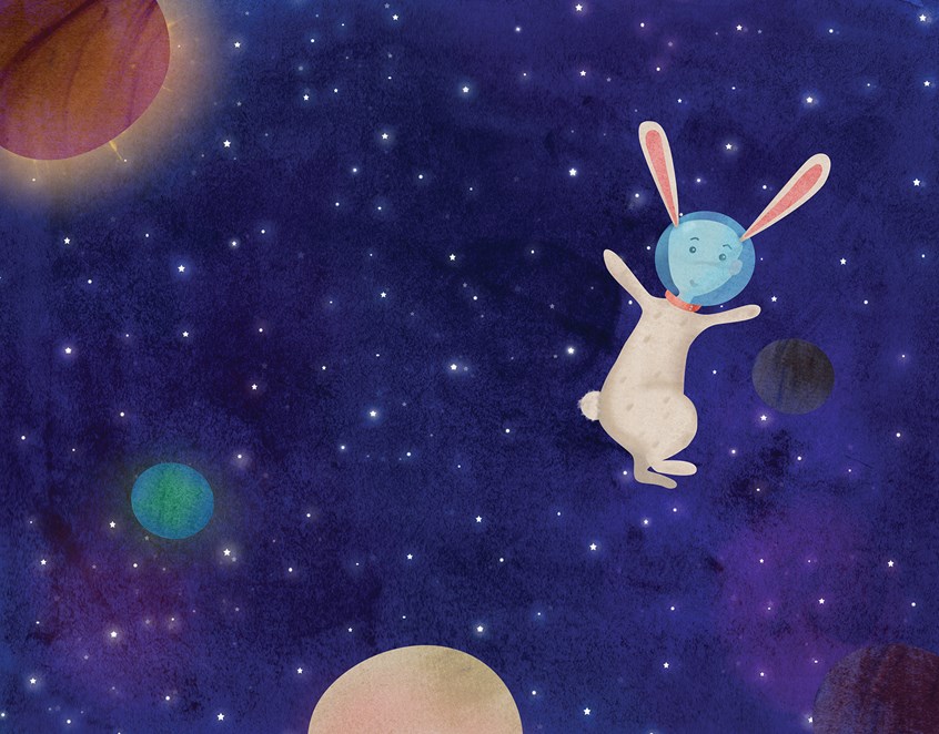 illustration of White bunny floating into space. stars, planets, universe, astronaut, bunnies, adventures, escape, chase, hunt, fox, foxes, rabbits, rabbits, space rocks, astral, star, starry, stellar, celestial, empyrean, heavenly, intergalactic, interstellar, astronomical, astrophysical, starlike, star-spangled