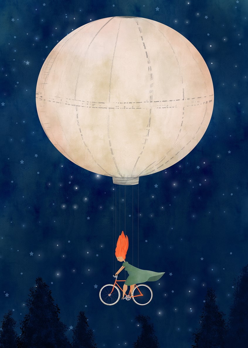 illustration of Moon looking hot balloon holding a girl with hair like fire on a bike, riding the night sky. nocturnal, moonscape, fire, red head. surreal, leisure, relax, voyage, flying, hot-air balloon, zeppelin, Weather ballon, fire ballon, trip, travel, transport, transportation, trippy, gasbag, blimp, couch, couch-surfing, journey, peregrinate, pilgrimage, tour, trek, gallivant (also galavant), hop, jaunt, knock (about), perambulate, ramble, roam, rove, traipse, wander, migrate, road-trip