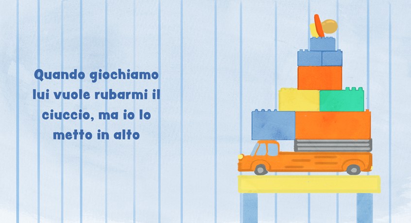 illustration of Lego construction and a toy truck on a table, with a dummy on top. toys, pacifier, young kids, toys, lego, cars, kids room, tower, frolics, building, construction games, trucks,