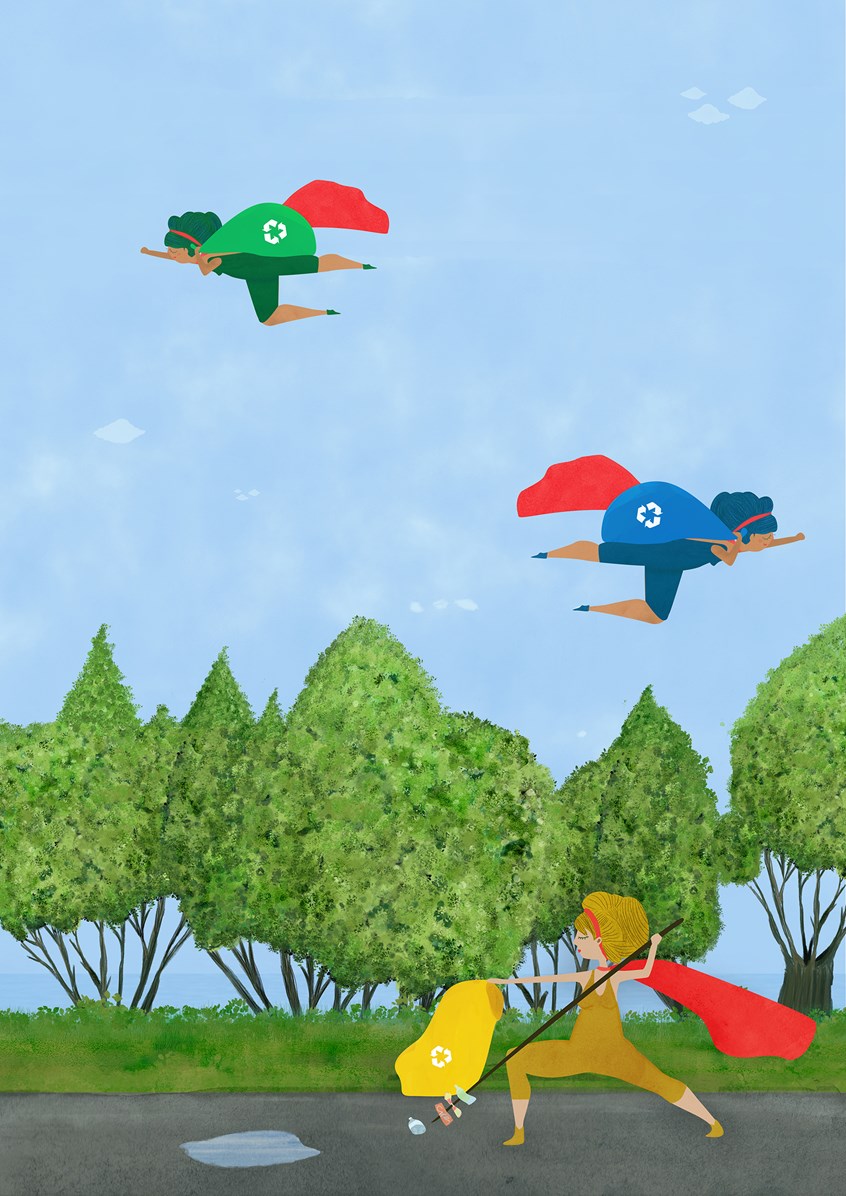 illustration of you don't have to be a hero to recycle, but heroes sure do! a group of super girls save the planet by recycling and cleaning the litter in a park. environment, recycle, picking up, trash, super girls, superhero, recycling, trees, park, garbage collecting, reusing, green new deal, green, eco, ecology, up-cycle, environment, global warming , carbon footprint, flying, trash, environmental, civic, duty, cleaning, public parks