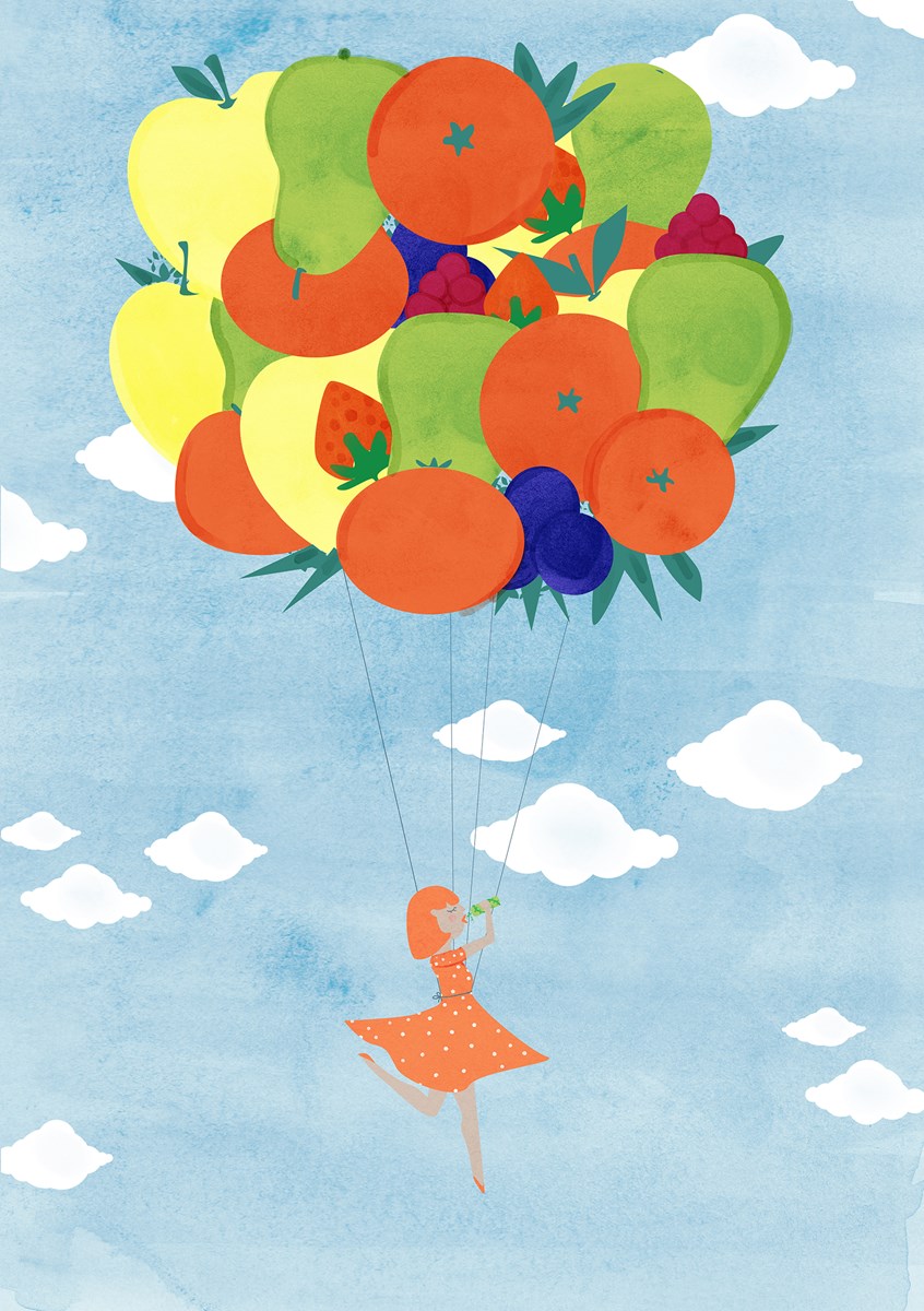 illustration of a lady floating into the sky supported by gigantic fruit balloons. she is drinking from a can. hot balloon, juice, powered up, oranges, pears, blueberries, lemons, grapes, strawberries. surreal, leisure, relax, voyage, flying, hot-air balloon, zeppelin, Weather ballon, fire ballon, travel, transport, transportation, trippy, gasbag, blimp, couch-surfing, fruity, journey, peregrinate, pilgrimage, tour, trek, trip, gallivant, hop, jaunt, perambulate, roam, rove, traipse, wander, migrate, road-trip.
