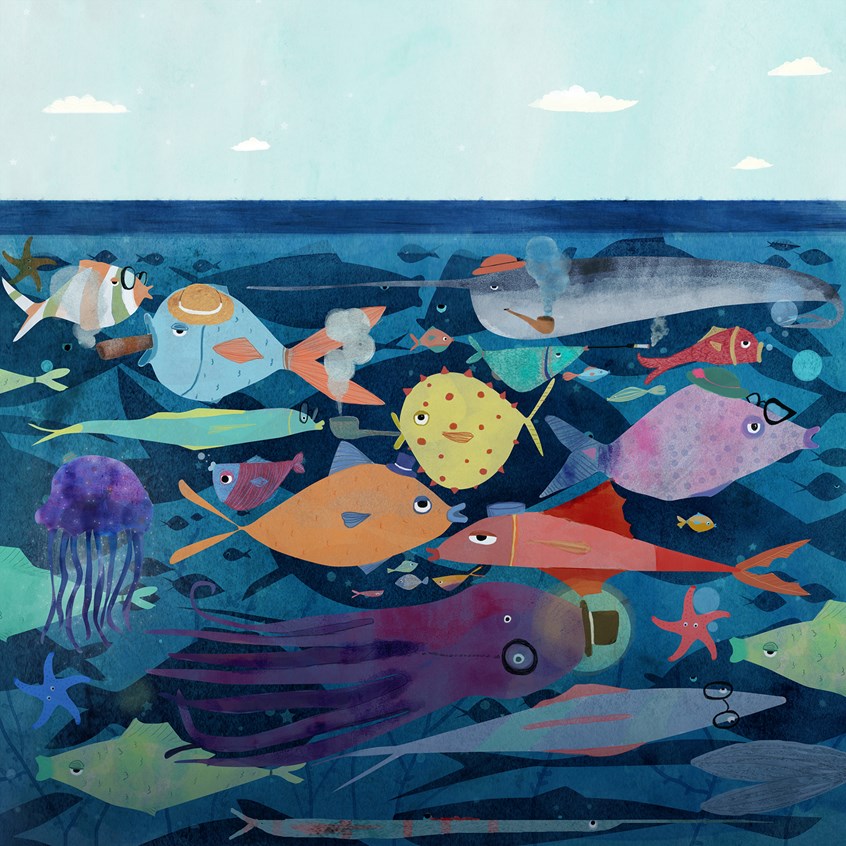 illustration of a crowd of different kinds of fishes, smoking pipes cigars and cigarettes. bored, octopus, ocean, sea, clouds, sea creatures, fish, crowd, glasses, hats, puffer fish, globe fish, sword fish, cigar, bubbles, monocle, ironic, topper hats, sardonic, sardines,