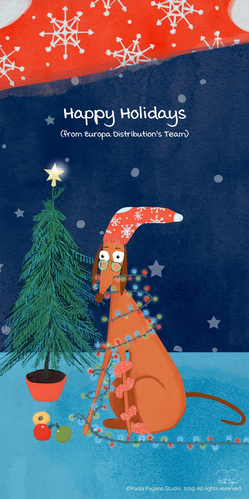 illustration of Holiday card for the Europa Distribution team. A funny dog gets confused while trying decorating a Christmas tree with Christmas light. In the chaos she also has a sock on her head. dog, messy, anxious, holiday, dog with glasses, festive hound, dogs, Christmas lights, Christmas Tree, glasses, traditions, neurotic, loony, fruity, nuts, mental, lunatic, nutty, whacky, wacky