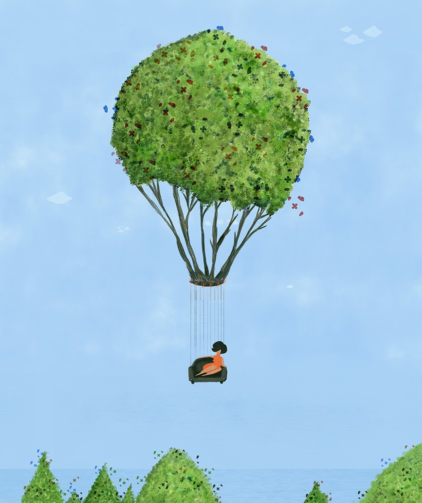 illustration of This illustration depicts a lady on a sofa suspended in the air by a tree that looks like an hot balloon. Small butterflies keep it suspended.
surreal, leisure, relax, voyage, flying, hot-air balloon, zeppelin, Weather ballon, fire ballon, trip, travel, transport, transportation, trippy, gasbag, blimp, couch, couch-surfing, journey, peregrinate, pilgrimage, tour, trek, trip, voyage
.